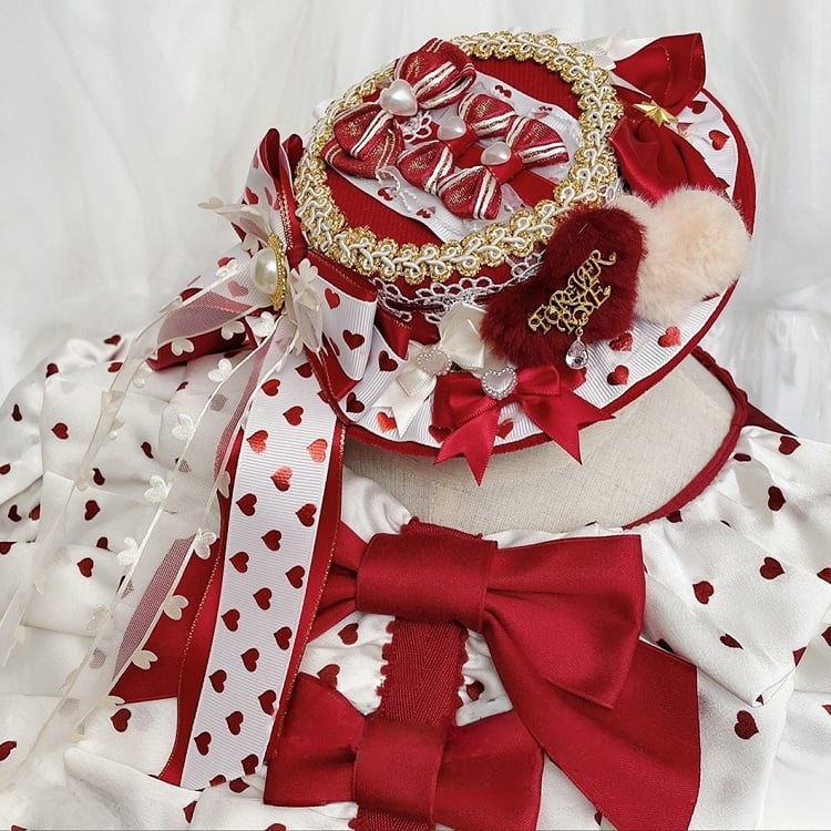 Hutdetails Bowknot Design Sweet Lolita RotWeiß Perlen verziert Herz Mini