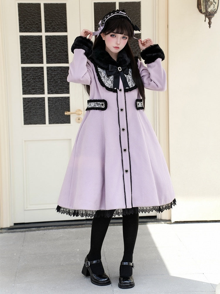 Jirai Black Purple Kei Style Vintage - Waist-Defining Coat with Collar Plush