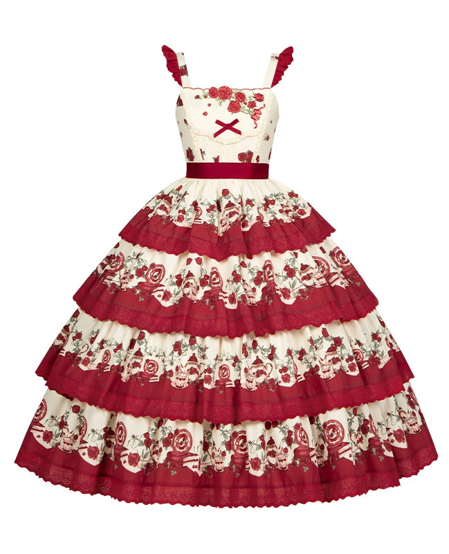 Classic Rose Tiered Floral Lolita Teapot Skirt Print Red and Jumper Dress