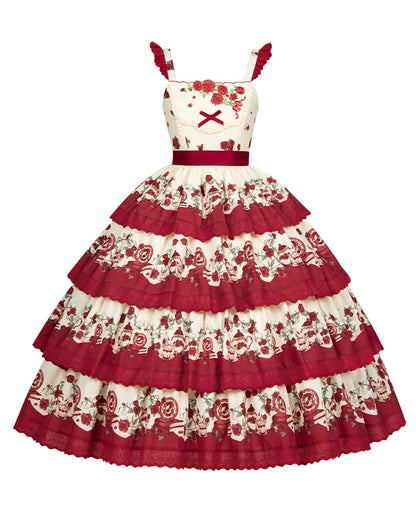 Classic Rose Tiered Floral Lolita Teapot Skirt Print Red and Jumper Dress