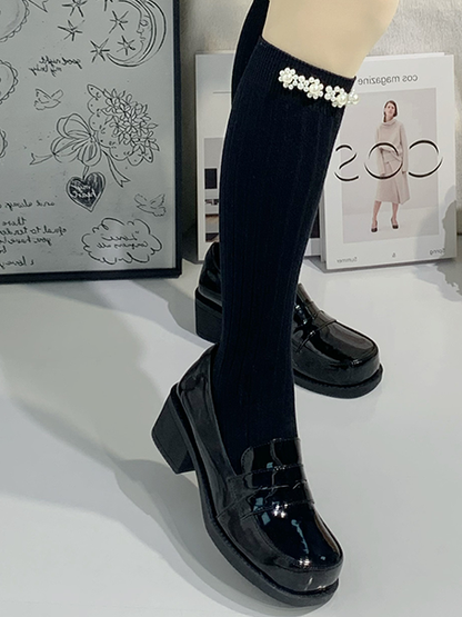 Low-heel/Mid-heel Black Preppy Style Loafers with Fleece Lining & Slip-in Fit Design