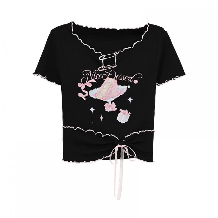 Neckline Black Cake Print Lettuce Hem Hem Pin Bow Big Details Sweet T-Shirt