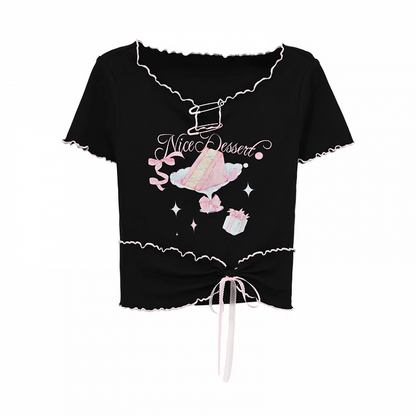 Neckline Black Cake Print Lettuce Hem Hem Pin Bow Big Details Sweet T-Shirt