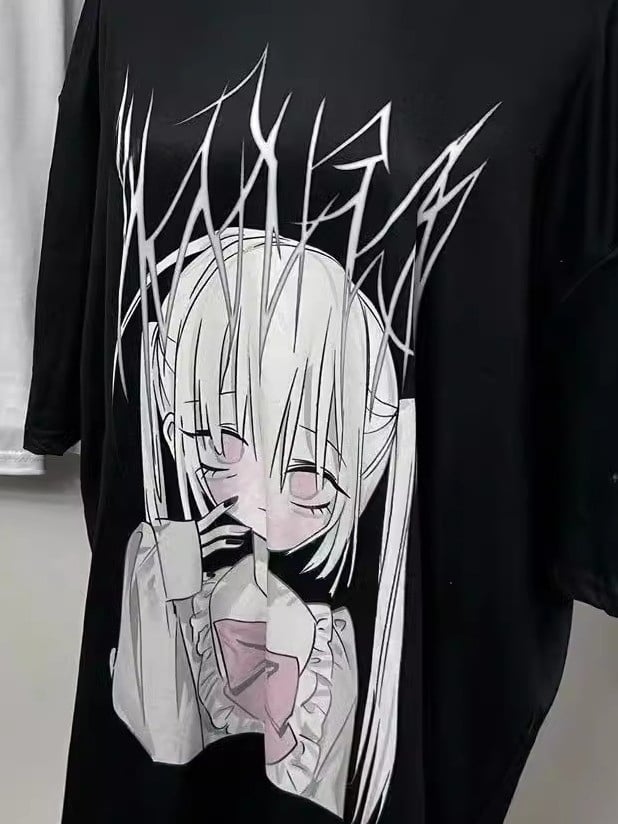 Black Cartoon T-shirt Kei Jirai Print Letter And