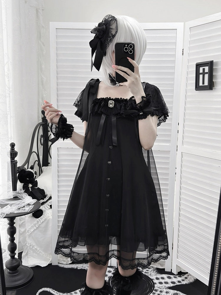 Gothic Square Neck Dress with Bow Accents - Ekomi