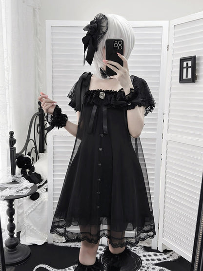 Gothic Square Neck Dress with Bow Accents - Ekomi