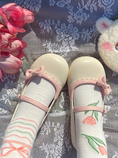 Shoes Bow Buckle Circle Lolita Beige Flat Pink with Toe Round Detachable Sweet
