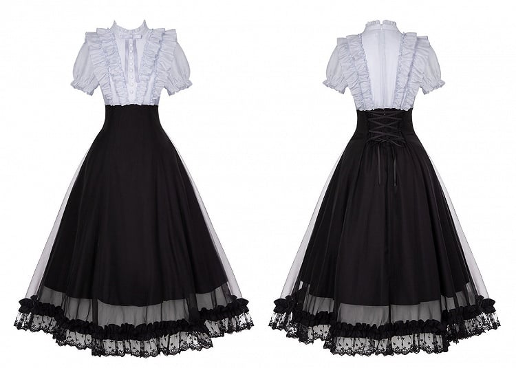 Gray Ruffled Blouse & Black Long Skirt Fake Two Pieces Lolita Dress - With PUJI