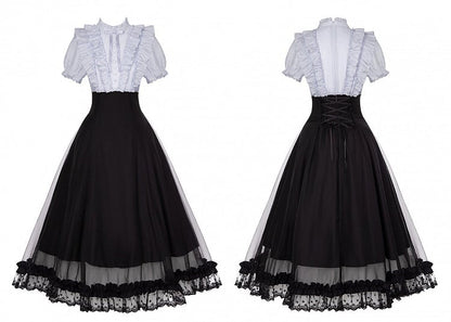 Gray Ruffled Blouse & Black Long Skirt Fake Two Pieces Lolita Dress - With PUJI
