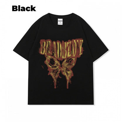 ダークグレー/ブラウン/ブラック/ホワイト バタフライプリント ヴィンテージ ルーズTシャツ