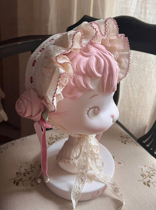 Cream & Pink Frilled Sweet Lolita Headband with Fabric Rose Decor - Bodhi Original Design
