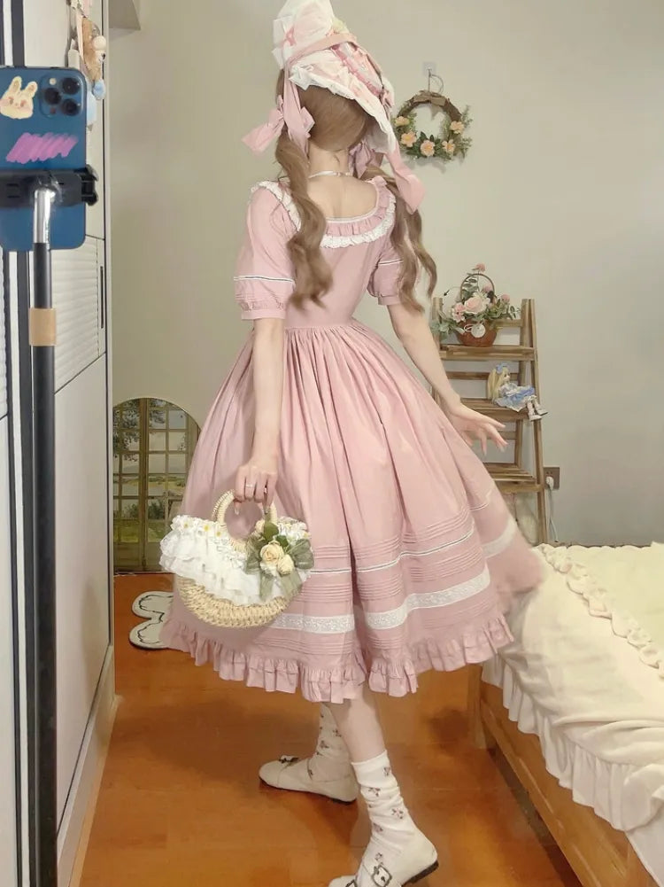 Dress Embroidery Lolita Jasmine Square Neckline Pink Cotton
