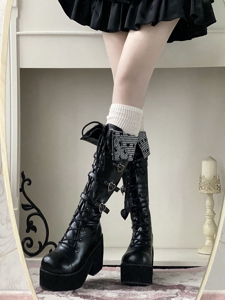 Fold-over Black Cuff Boots Platform Heel Block