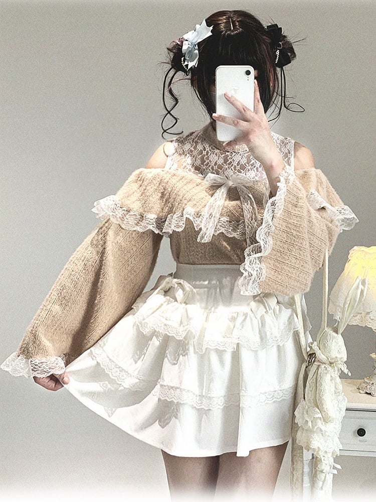 Bow Lace Shoulder Jirai Colors 3 Cutout Top Decor Kei