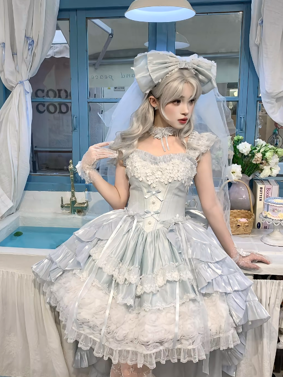 Hime Basque Flower Lace Layered Fluffy Lolita Dress Blooming with Blue Accents Waist | Sheer Ocean