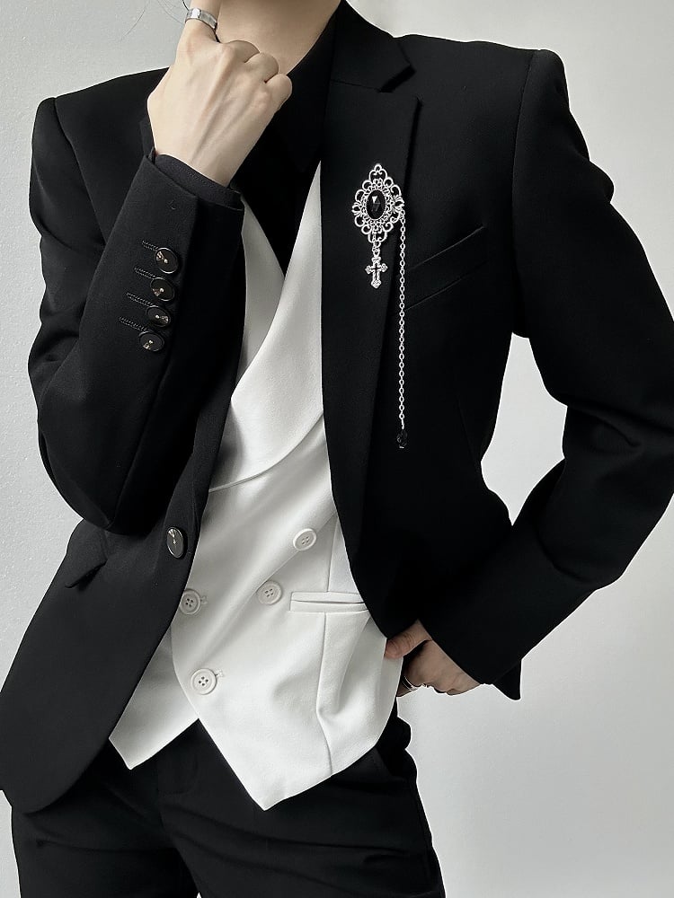 Ouji Lolita Black Unisex Blazer Size S with Shoulder Pads Functional Pockets - ASAE