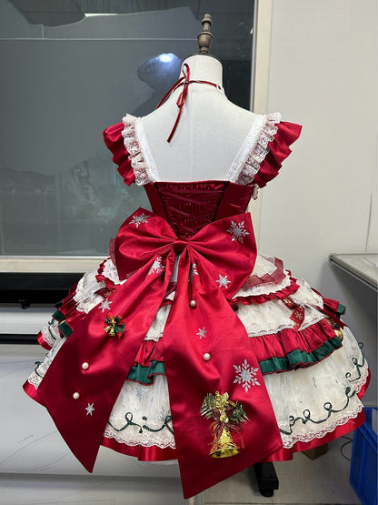 Red & Green Christmas Lolita Balletcore Snowflake Dress with Bells - Elsa's Magic Castle
