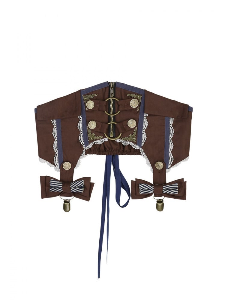 リボン結びのドレスクリップ付きブラウンコルセットベルト