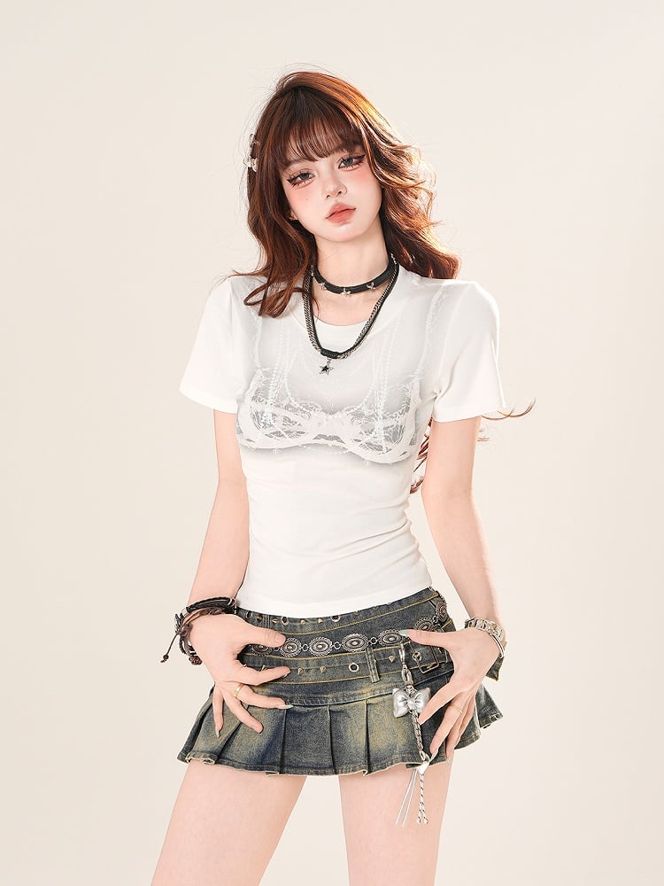 ブラック/ホワイト スリムフィットTシャツ ラウンドネック キャミソール プリント