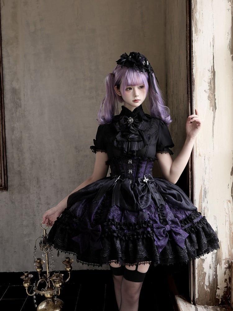 Gothic Spider Cross Skirt with Bowknot Details, Black & Purple - Pear Island Sweet Tea