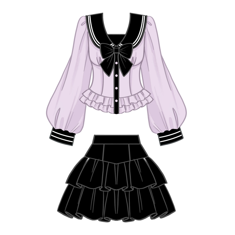 Stufenrock Lila + Schwarze Bluse mit Matrosenkragen und Ärmeln – Uniform Bishop Plus Size JK