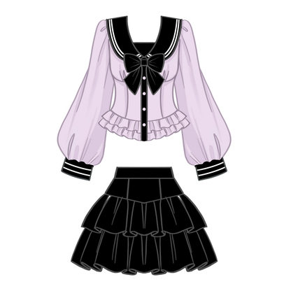 Stufenrock Lila + Schwarze Bluse mit Matrosenkragen und Ärmeln – Uniform Bishop Plus Size JK