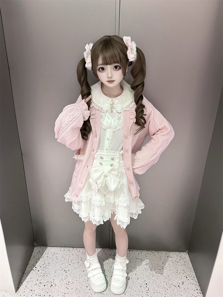 Sweet Jirai Kei Light Pink Knit Sweater with Heart-Shaped Rhinestone Buttons