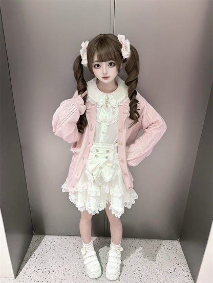 Sweet Jirai Kei Light Pink Knit Sweater with Heart-Shaped Rhinestone Buttons