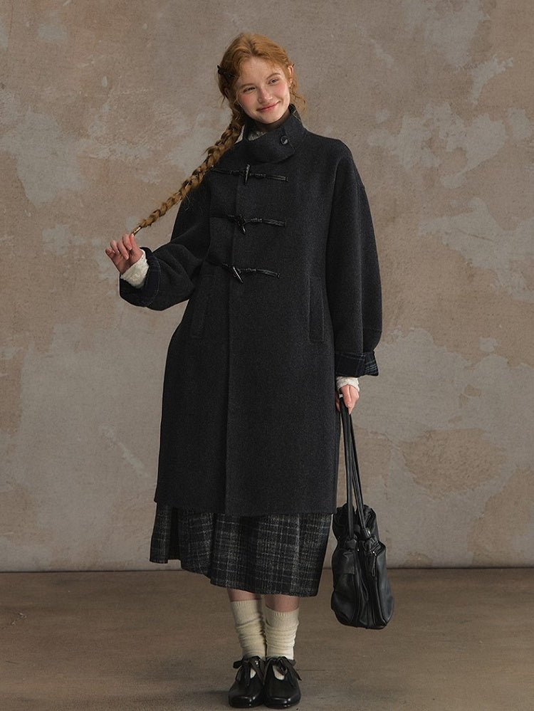 Overcoat Placket with Toggle Vintage Wool Gray Buttons Elegant Dark Blend Asymmetrical