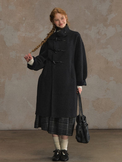 Overcoat Placket with Toggle Vintage Wool Gray Buttons Elegant Dark Blend Asymmetrical