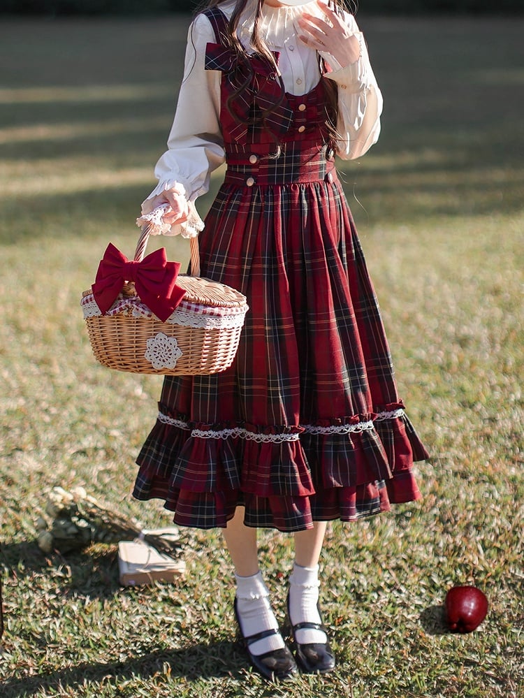 Schleife Overall Plaid Kleid Hohe Rote Taille Krawatte mit