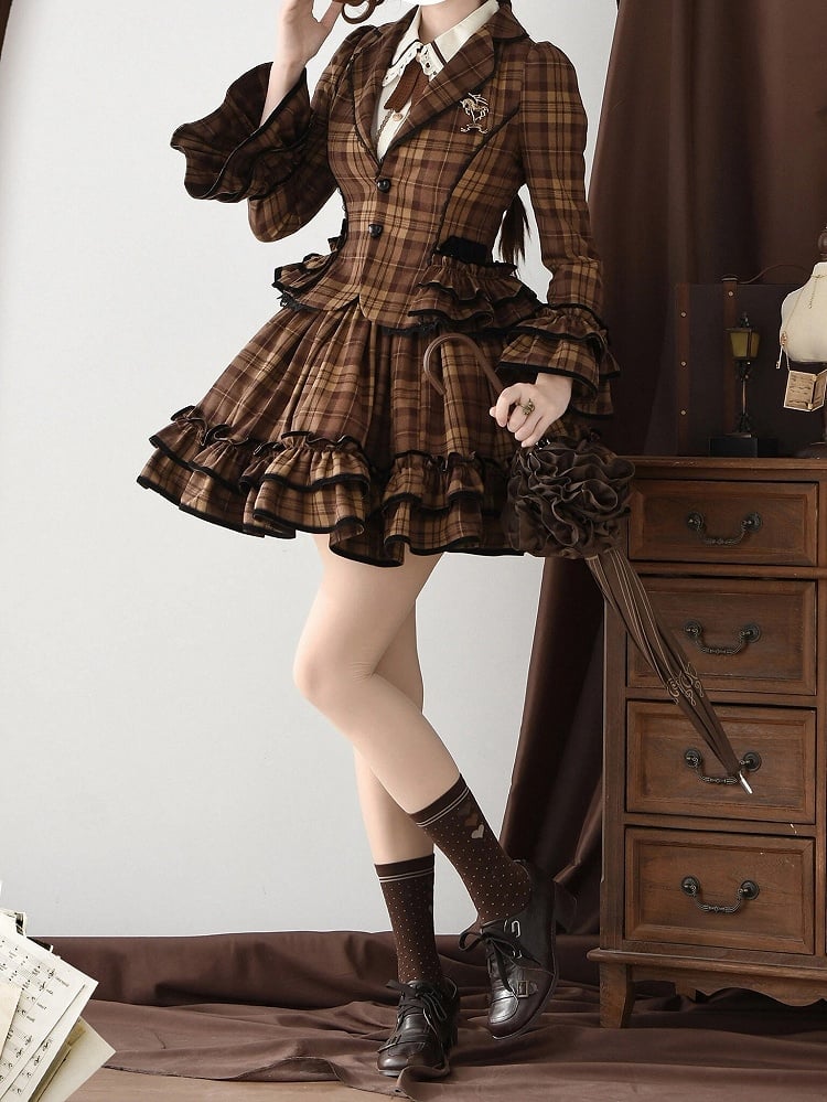 School Brown Blazer Old Notched Skirt Ruffled Plaid + - Lapel Lolita Set