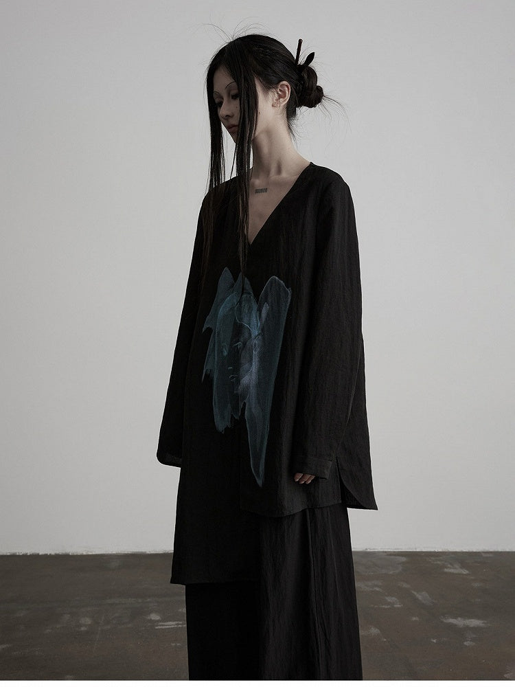 Asymmetric V-Neck Long Sleeve Top with Figure Print - INDULGE