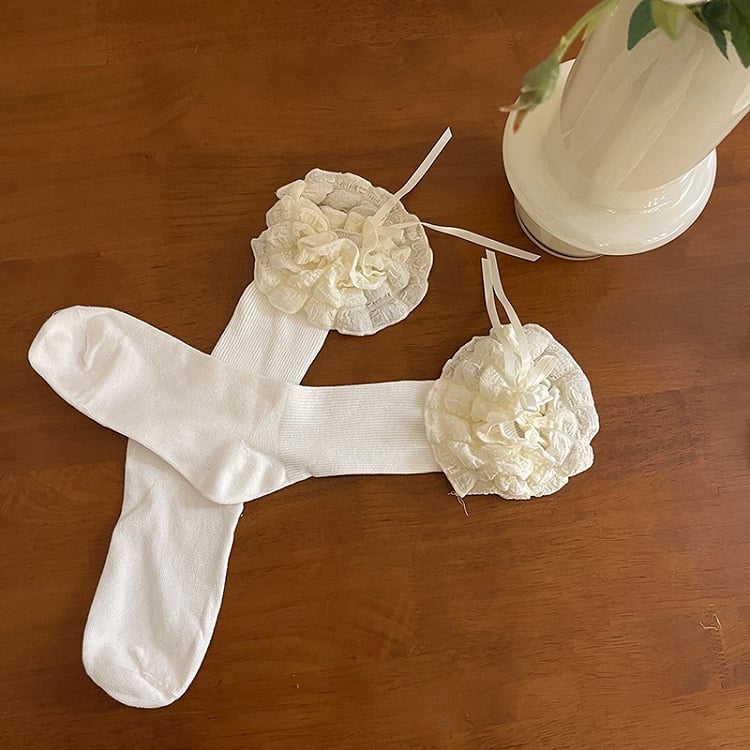 Ribbon Ruffle Decoration White/Black/Brown with Bow Socks Puffy Lolita
