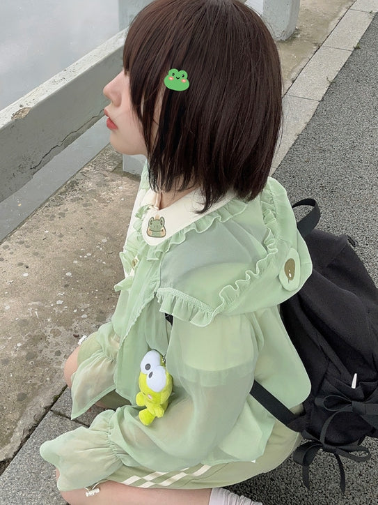 Halbtransparentes Sonnenschutz-Oberteil mit Froschhaube, hellgrüner Chiffon