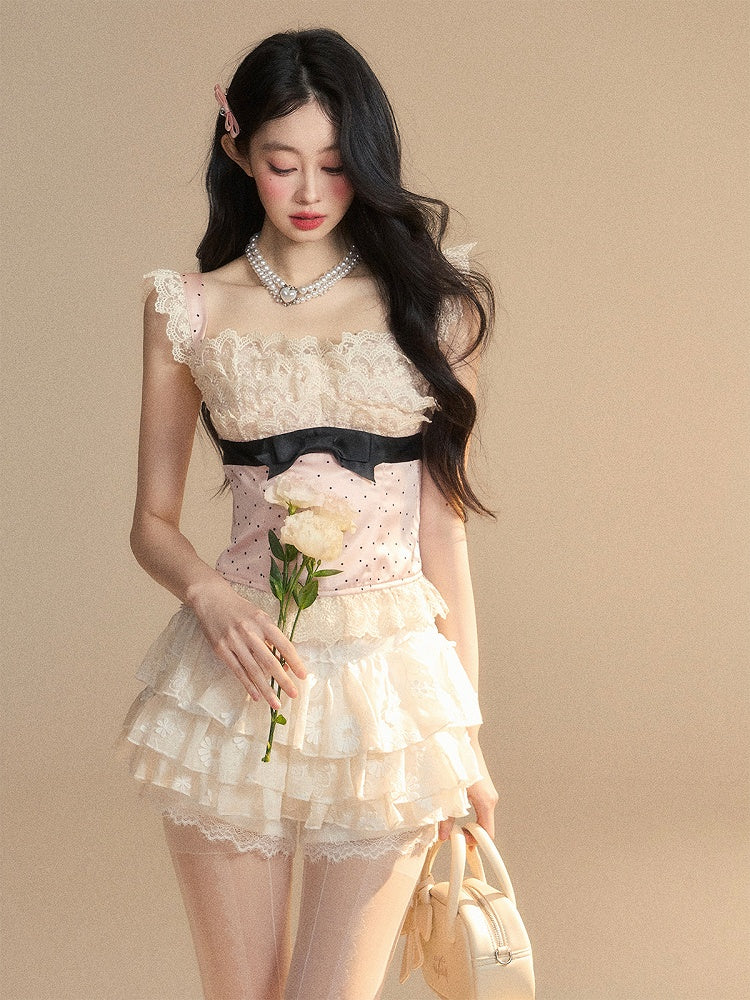 Glamorous Rosa Polka-Dot Muster Ärmelloses Top Rüschen Spitze Trim Detail Schleife