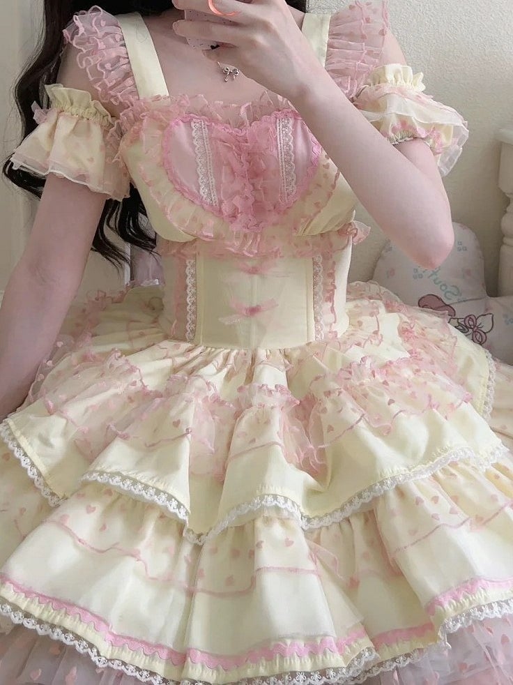 Polka-dot Heart Sweet Ruffled Heart Front Yellow Pink Lolita Dress Pattern
