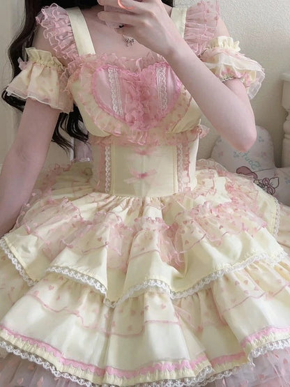 Polka-dot Heart Sweet Ruffled Heart Front Yellow Pink Lolita Dress Pattern