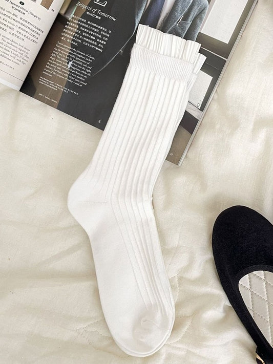 Black/White Ruffle Trim Calf Socks