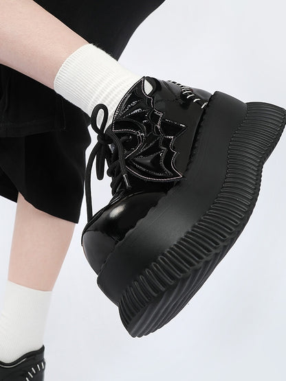 - Bat Wing Platform Details Back Lace-Up Design Accents Bittersweet Black Stitched Shoes with