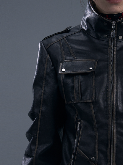 Black PU Vintage Punk Crop Jacket with Buckle Accents