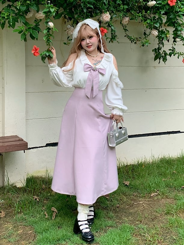 / Bowknot Detachable Shoulder Plus Size Black Waist Dress Cutout with High Pink and