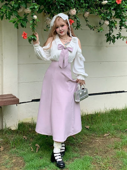 / Bowknot Detachable Shoulder Plus Size Black Waist Dress Cutout with High Pink and