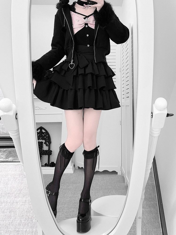 Hooded Fur Kei Warm and with Padded Short Collar Bunny Ear Jirai Black Jacket Cuffs