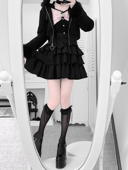 Hooded Fur Kei Warm and with Padded Short Collar Bunny Ear Jirai Black Jacket Cuffs