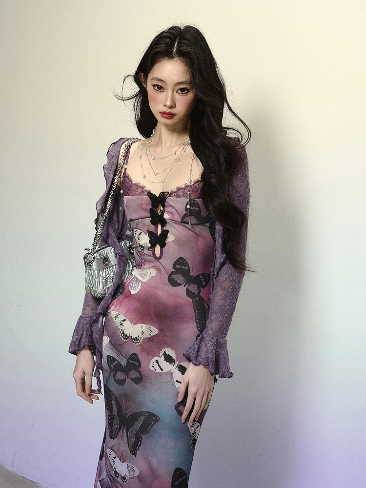 Purple Butterfly Print Cutout Detail Mermaid Skirt Slip Dress
