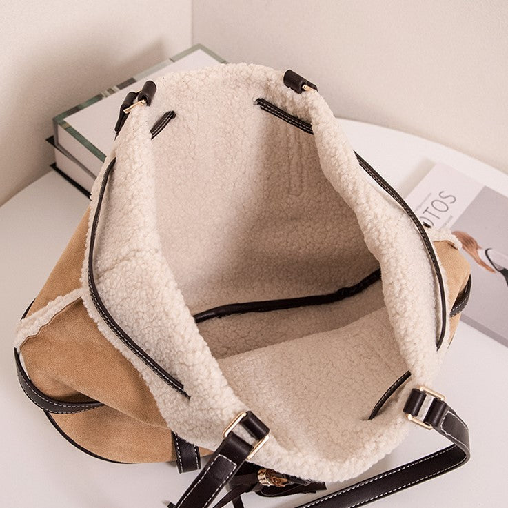 Brown With Trim Bag Tote Fall And Capacity Large Winter Accents Plush Vintage - Knot For Shoulder Bamboo