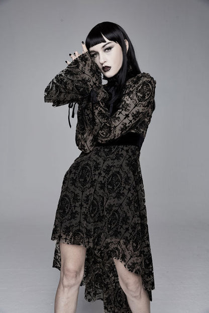 Black Floral Flocked Print Long Sleeves Velvet Tie Women's Gothic Dress