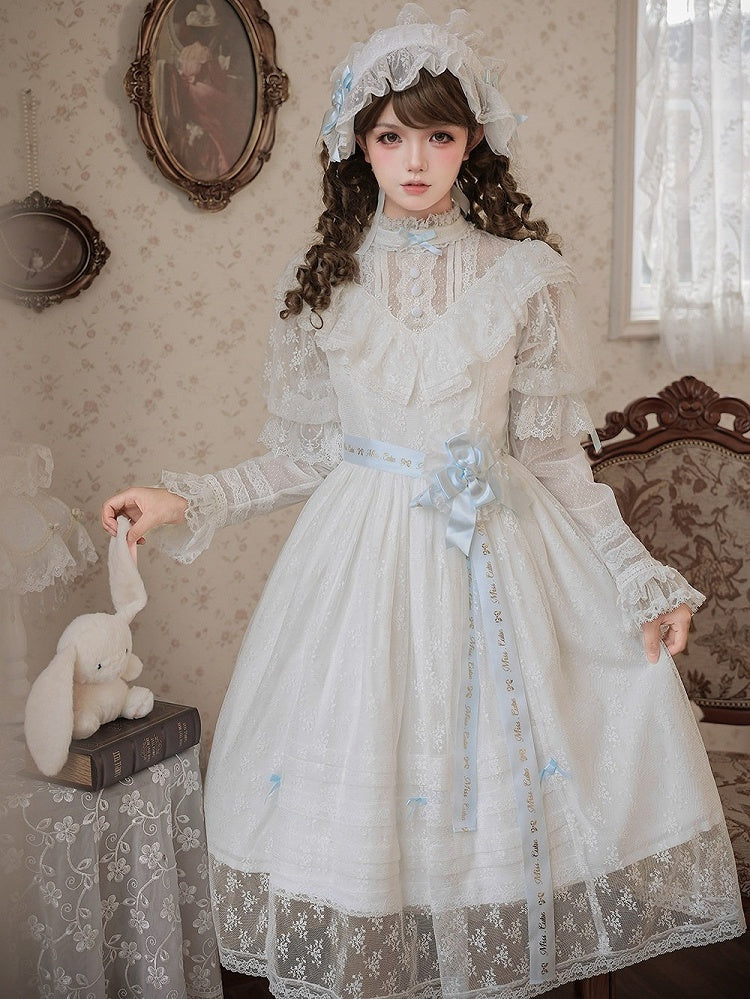 Blue and White Lolita OP Gown with Edward Collar, Sheer Lace and Ribbon Trims - Miss Cube Dressworks