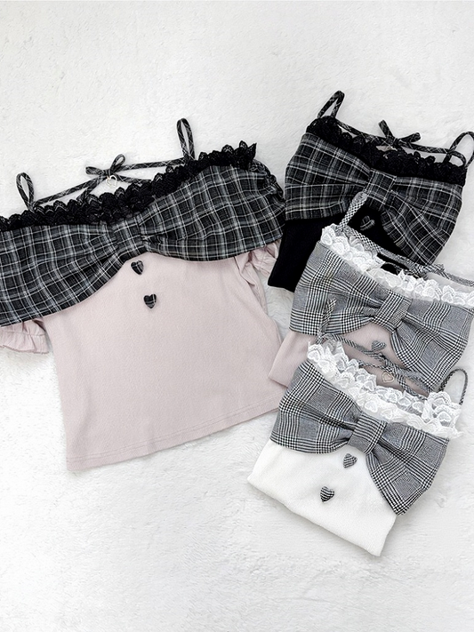 Black & Pink Plaid Lace Off-Shoulder Knit Top - nekura